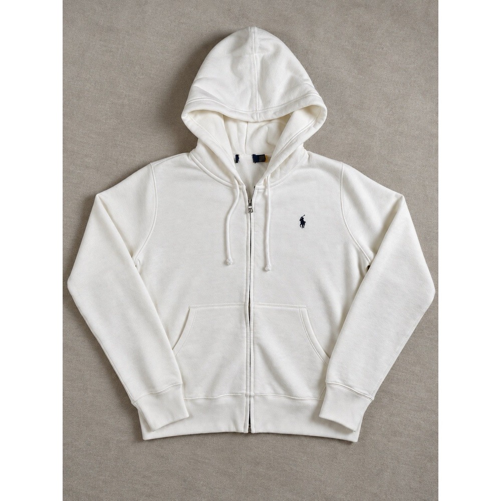 Polo Ralph Lauren Men's L White Full Zip Fleece Hoodie Navy Pony Logo Jacket